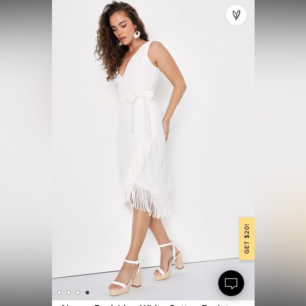 NWT Lulus Always Ravishing White Cotton Eyelet Fringe Tulip Midi Dress